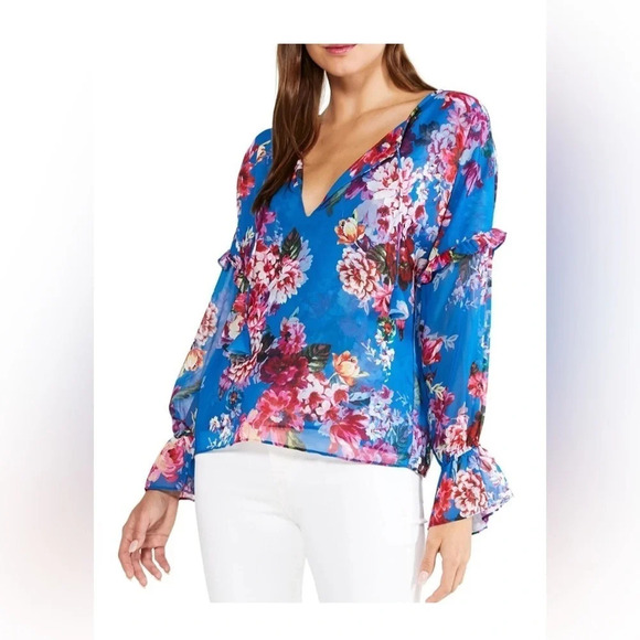 MISA Los Angeles V-Neck Floral Capriana  Organza Blouse in Blue & Pink - Picture 13 of 13